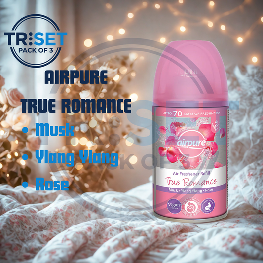 Airpure True Romance air freshener refill with festive lights and decorations in the background