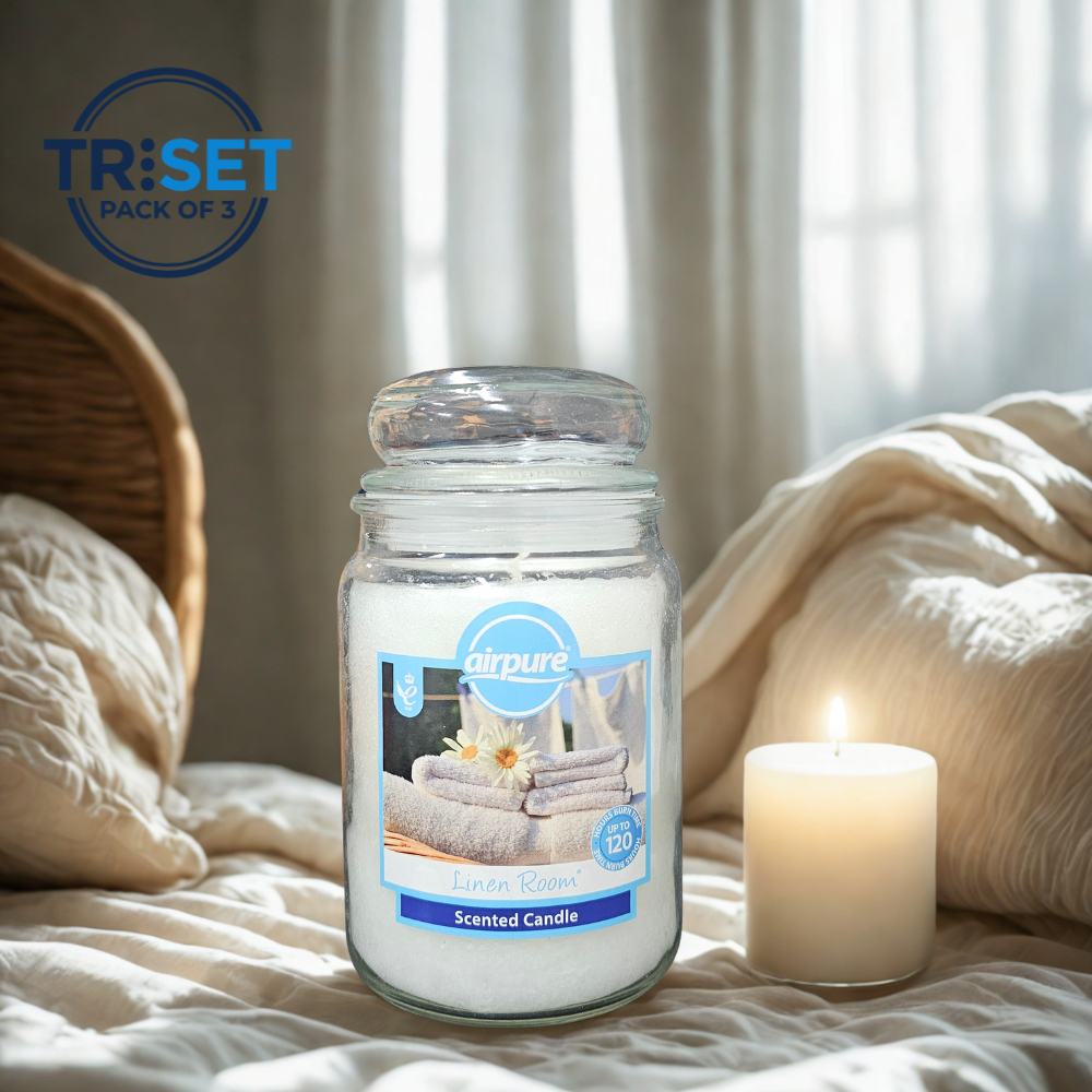 Airpure Linen Room Scented Candle 510g Jar 120hr Burn Pack of 3 TRISET Gift Decor