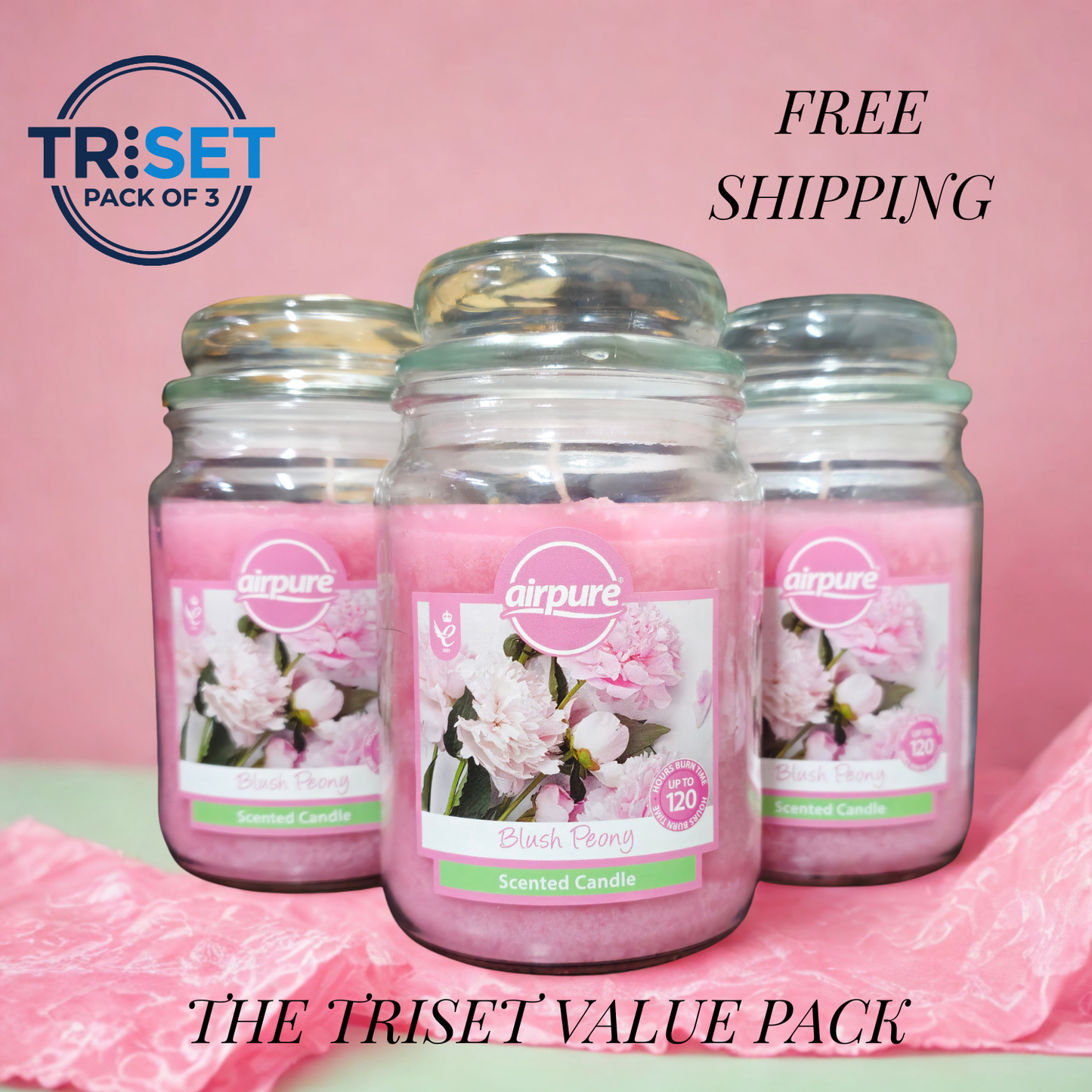 Airpure Blush Peony Scented Candle 510g Jar 120hr Burn Pack of 3 TRISET Gift Decor