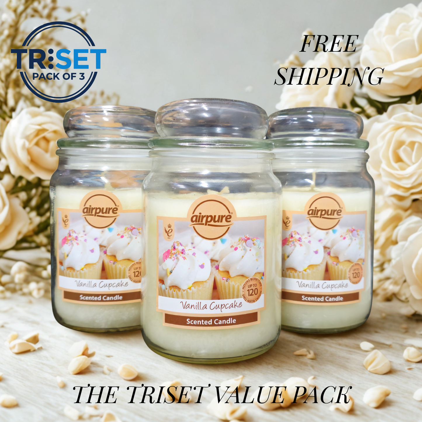 Airpure Vanilla Cupcake Scented Candle 510g Jar 120hr Burn Pack of 3 by TRISET