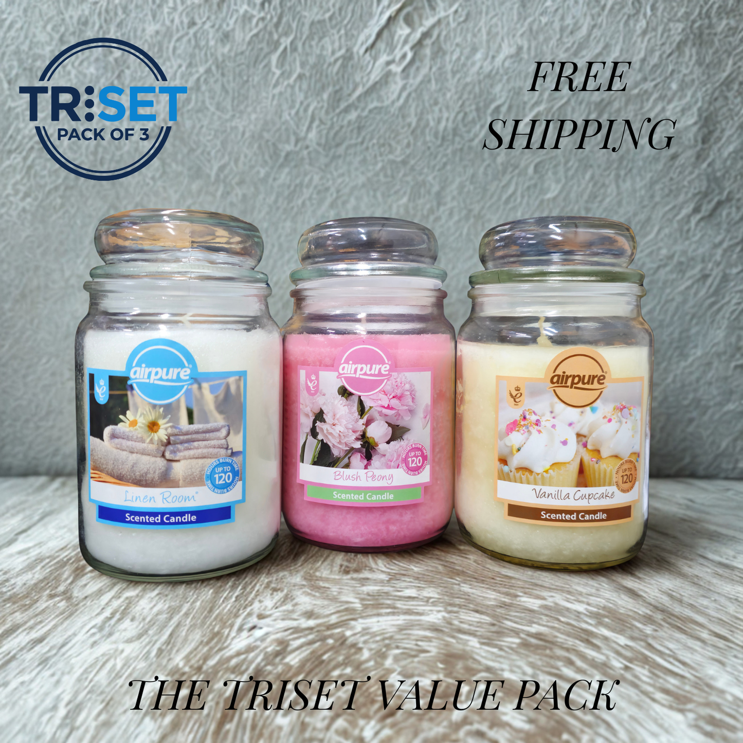 Airpure Scented Candle Jar 510g Fragnance Mixed TRISET Gift Decor Home Bundle