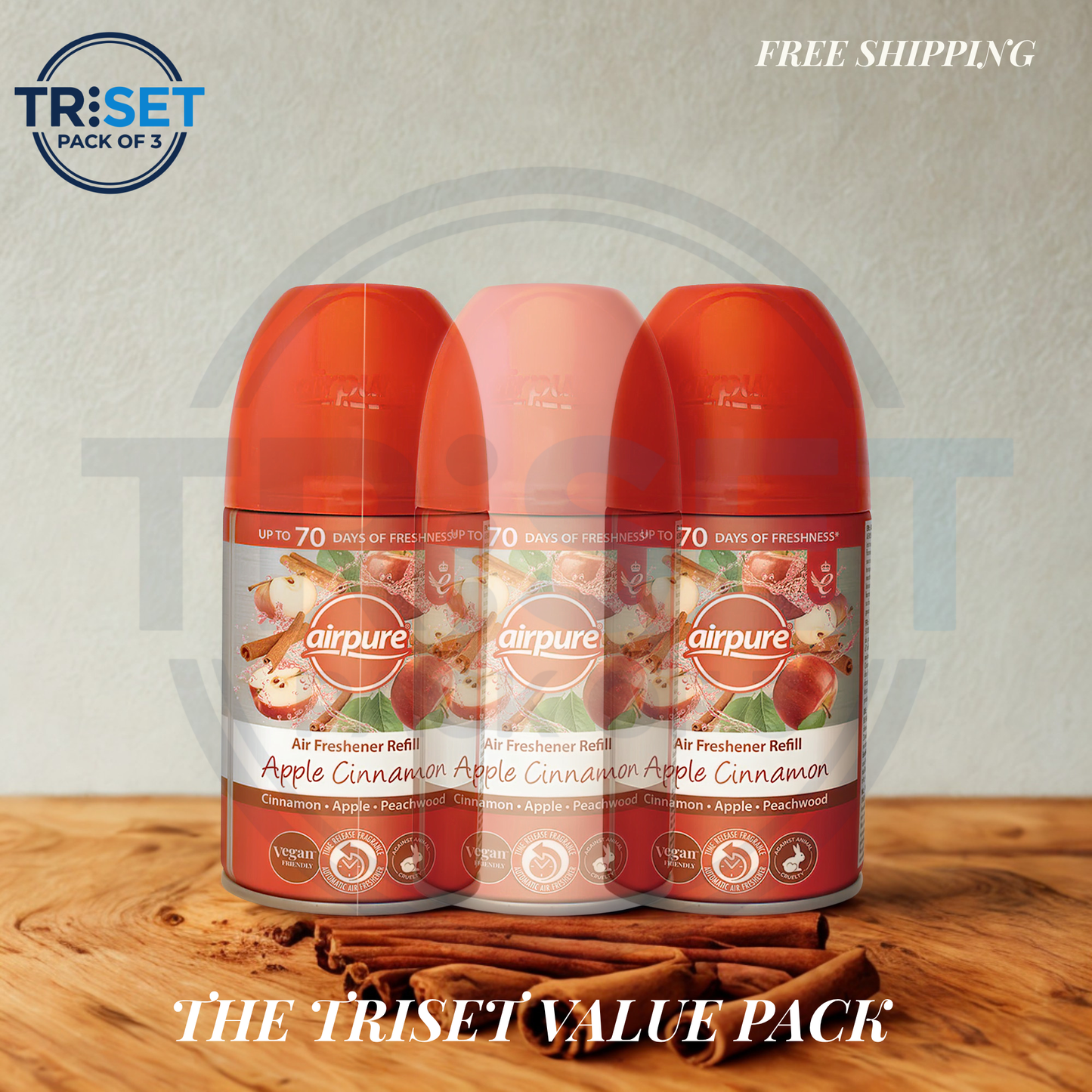 Airpure Apple Cinnamon Air Freshener Refill 250ml Pack of 3 Triset Auto Spray Can