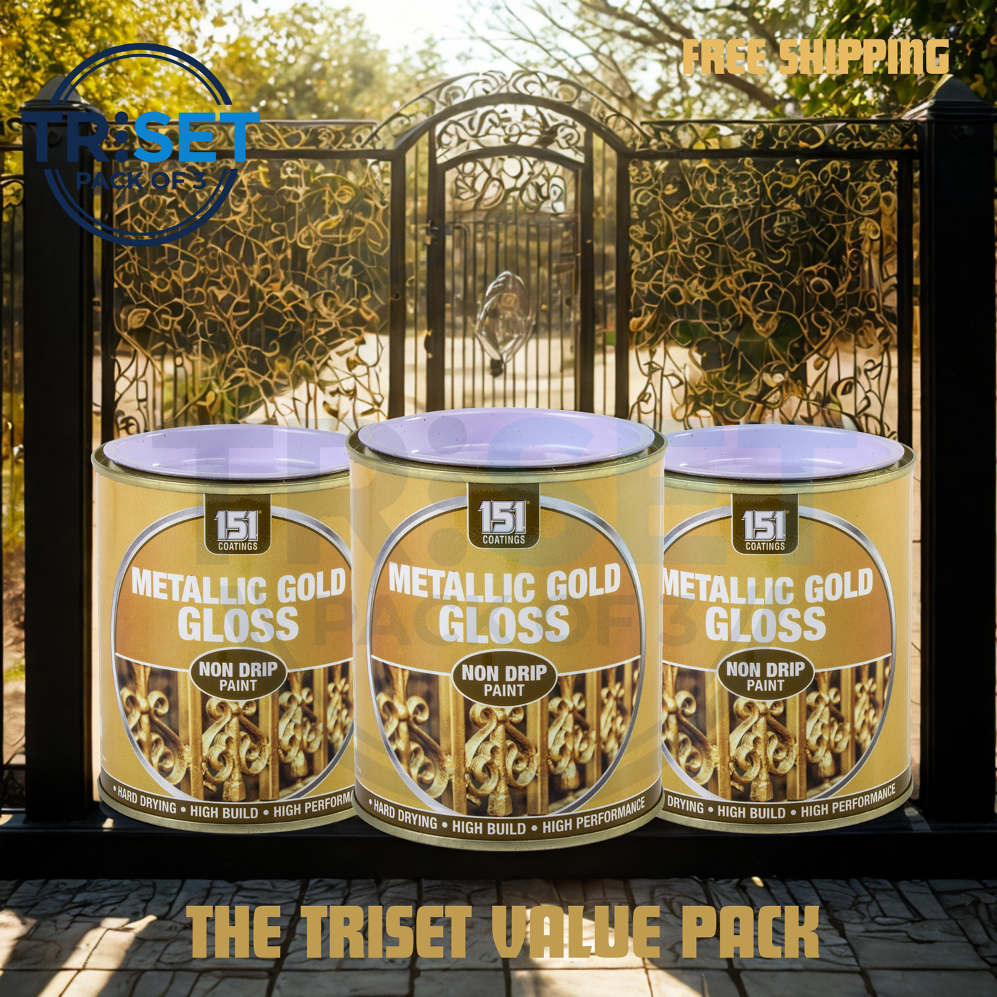 Metallic Gold Paint 151 Pack of 3 Non Drip Gloss For Wood Walls 300ml