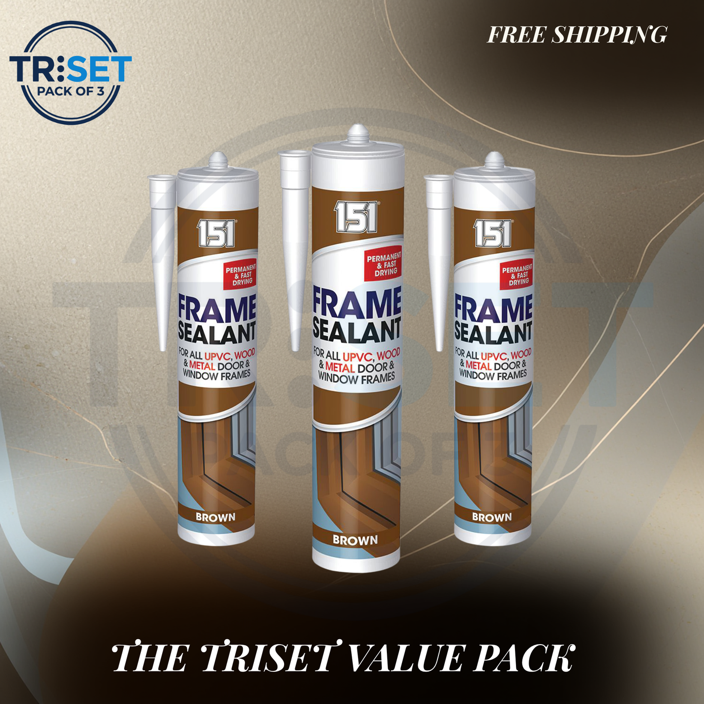 151 Brown Frame Sealant 280ml Pack of 3 Triset UPVC Wood Metal Door Window Seal