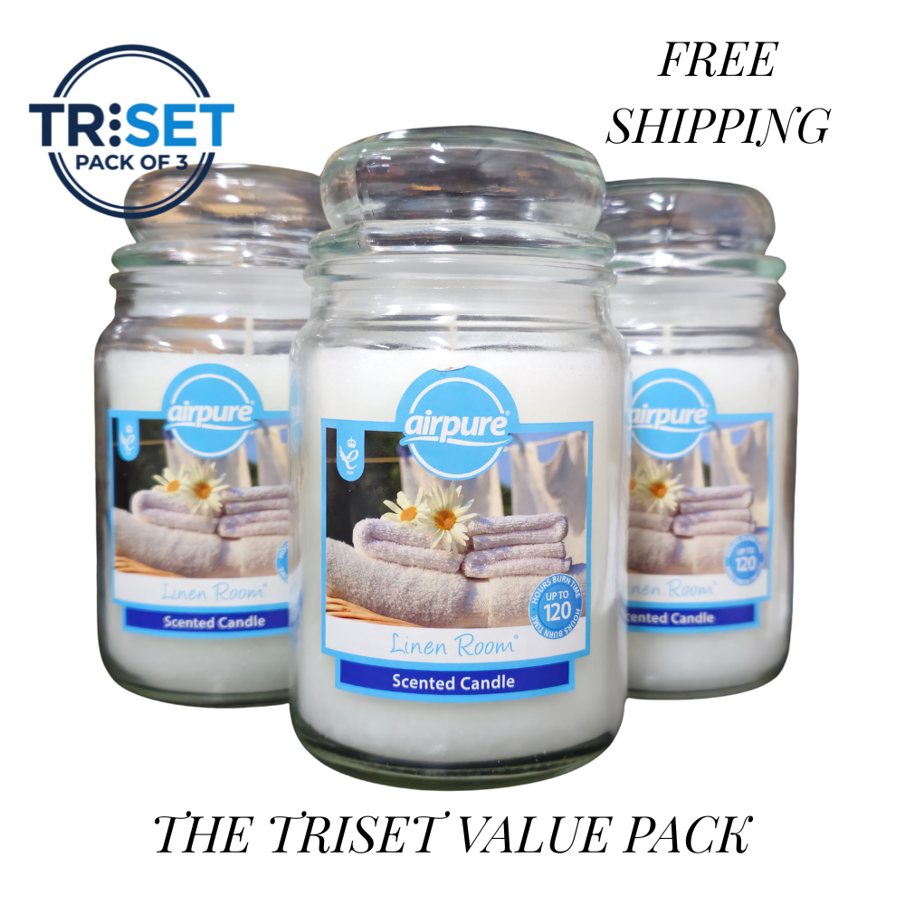 Airpure Linen Room Scented Candle 510g Jar 120hr Burn Pack of 3 TRISET Gift Decor