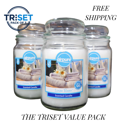 Airpure Linen Room Scented Candle 510g Jar 120hr Burn Pack of 3 TRISET Gift Decor