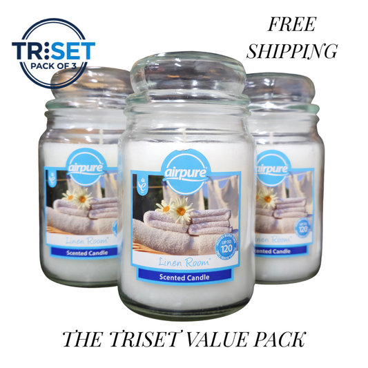Airpure Linen Room Scented Candle 510g Jar 120hr Burn Pack of 3 TRISET Gift Decor