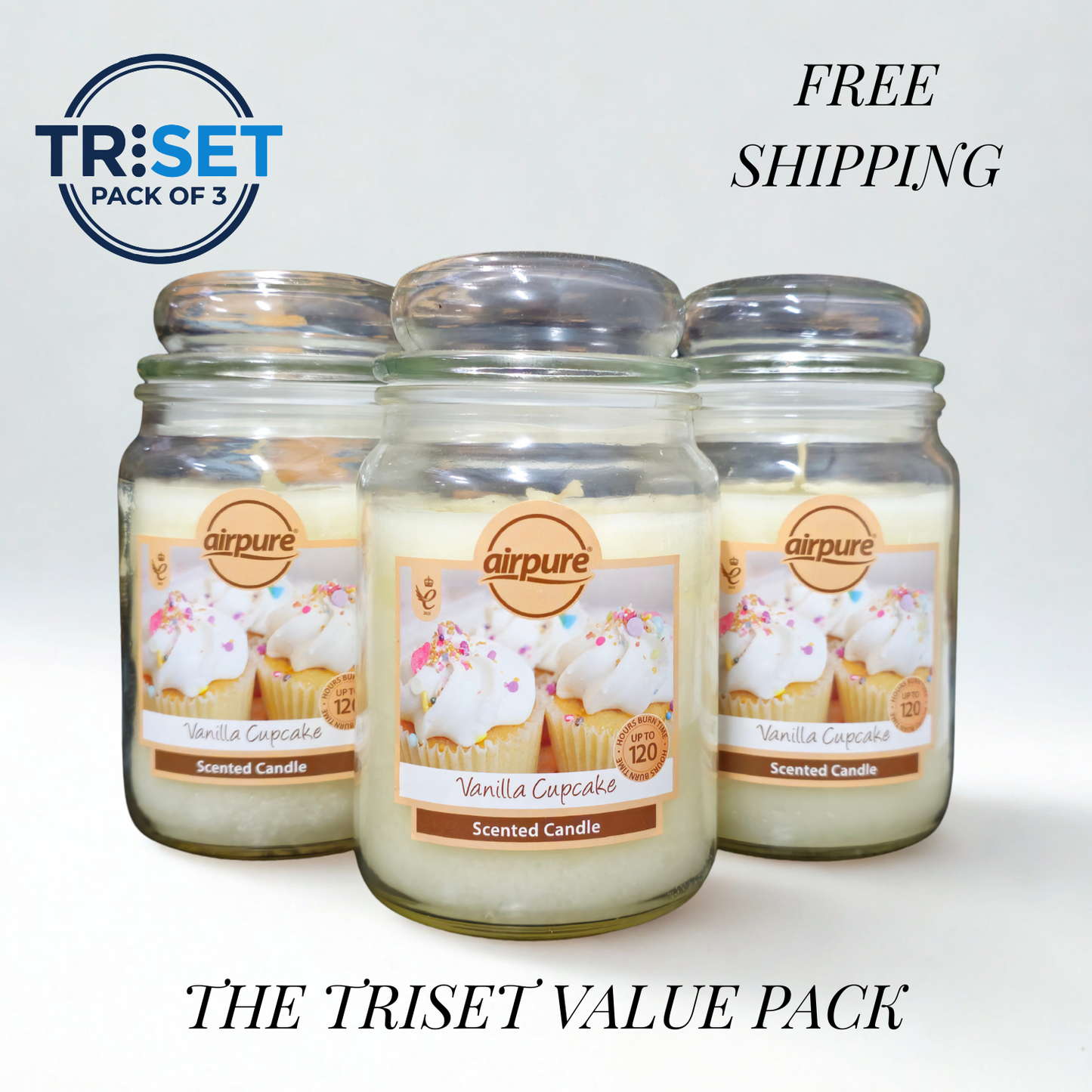 Airpure Vanilla Cupcake Scented Candle 510g Jar 120hr Burn Pack of 3 by TRISET