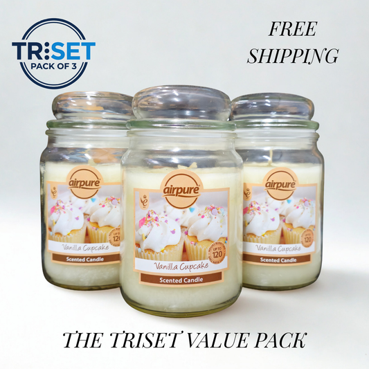 Airpure Vanilla Cupcake Scented Candle 510g Jar 120hr Burn Pack of 3 by TRISET