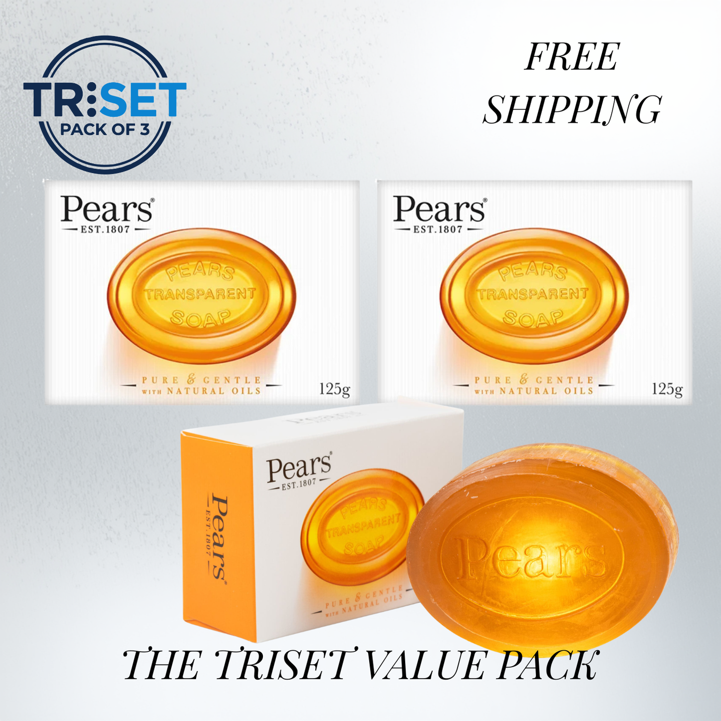 Pears Transparent Orange Soap 3x125g Pure & Gentle Natural Oils Moisturising
