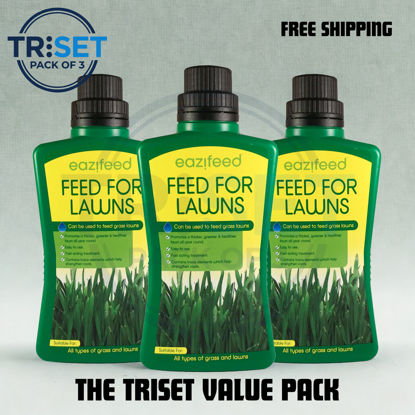 eazifeed Feed for Lawns with a Triset logo and free shipping text on a gray background.