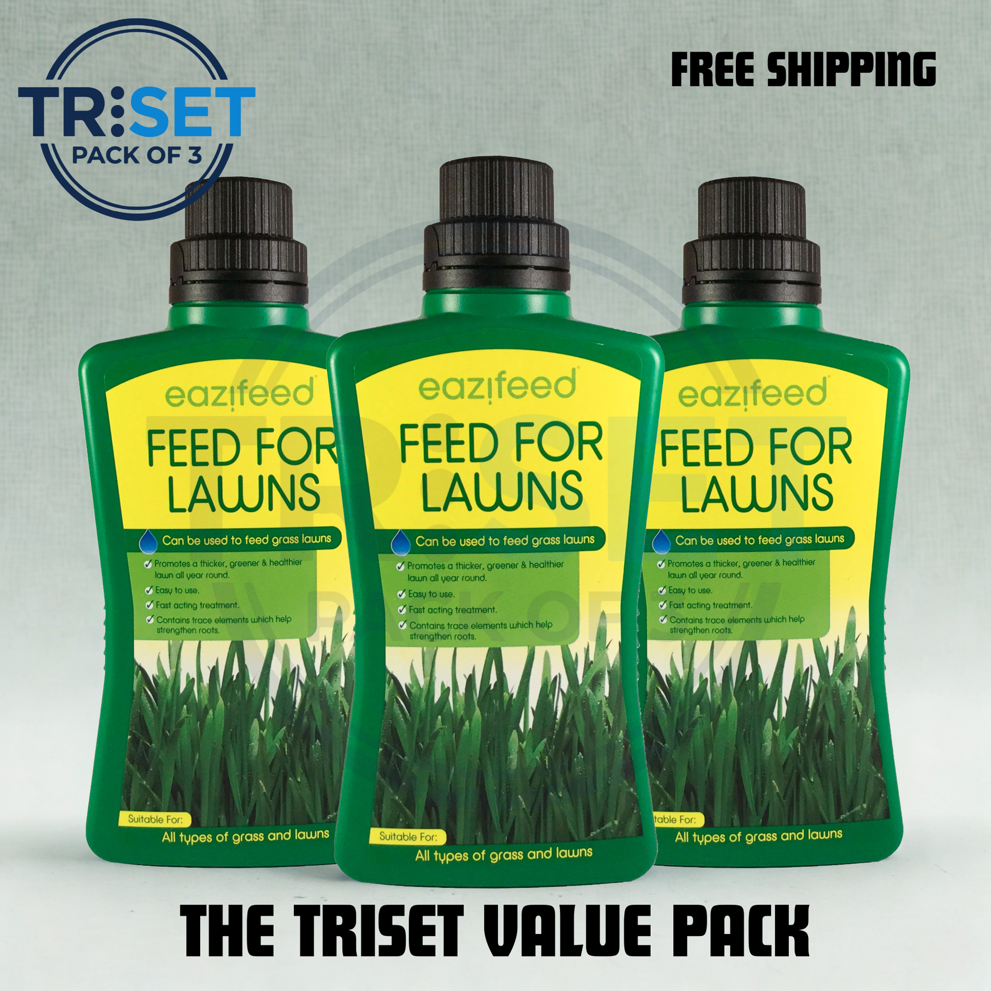 eazifeed Feed for Lawns with a Triset logo and free shipping text on a gray background.