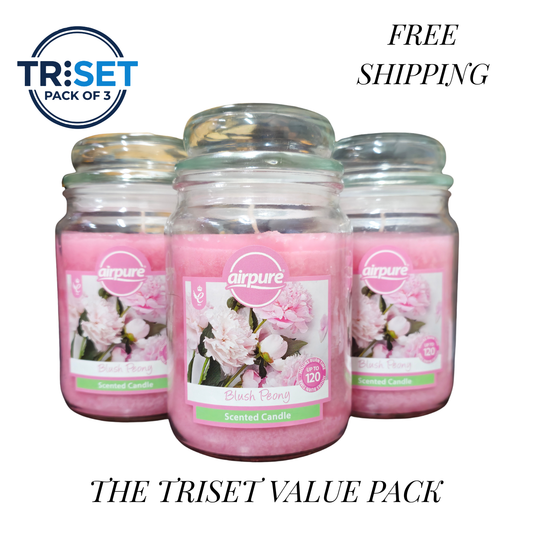 Airpure Blush Peony Scented Candle 510g Jar 120hr Burn Pack of 3 TRISET Gift Decor