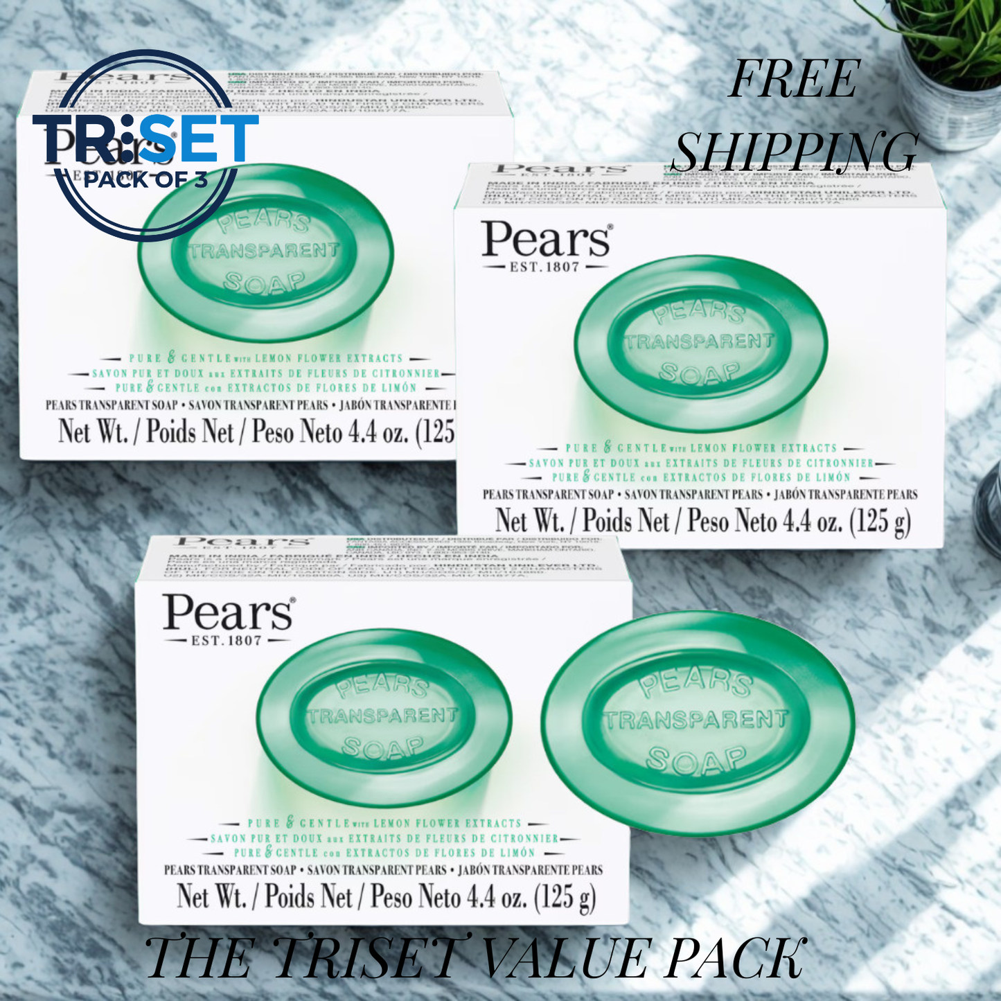 Pears Transparent Green Soap 3x125g Lemon Flower Extracts Oil Glow & Refreshing