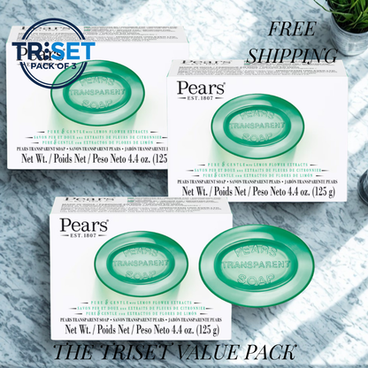 Pears Transparent Green Soap 3x125g Lemon Flower Extracts Oil Glow & Refreshing