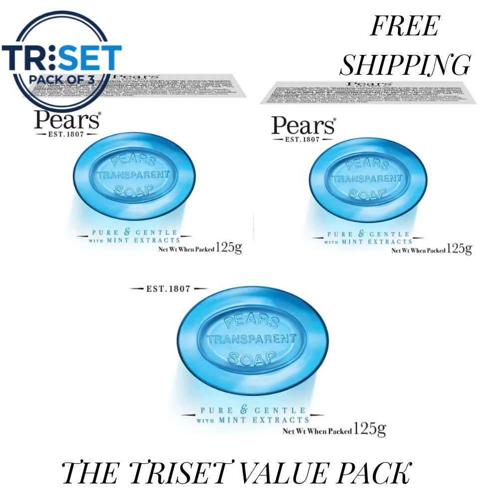 Pears Transparent Blue Soap Bar 3x125g Pure & Gentle Mint Extracts Natural Oils