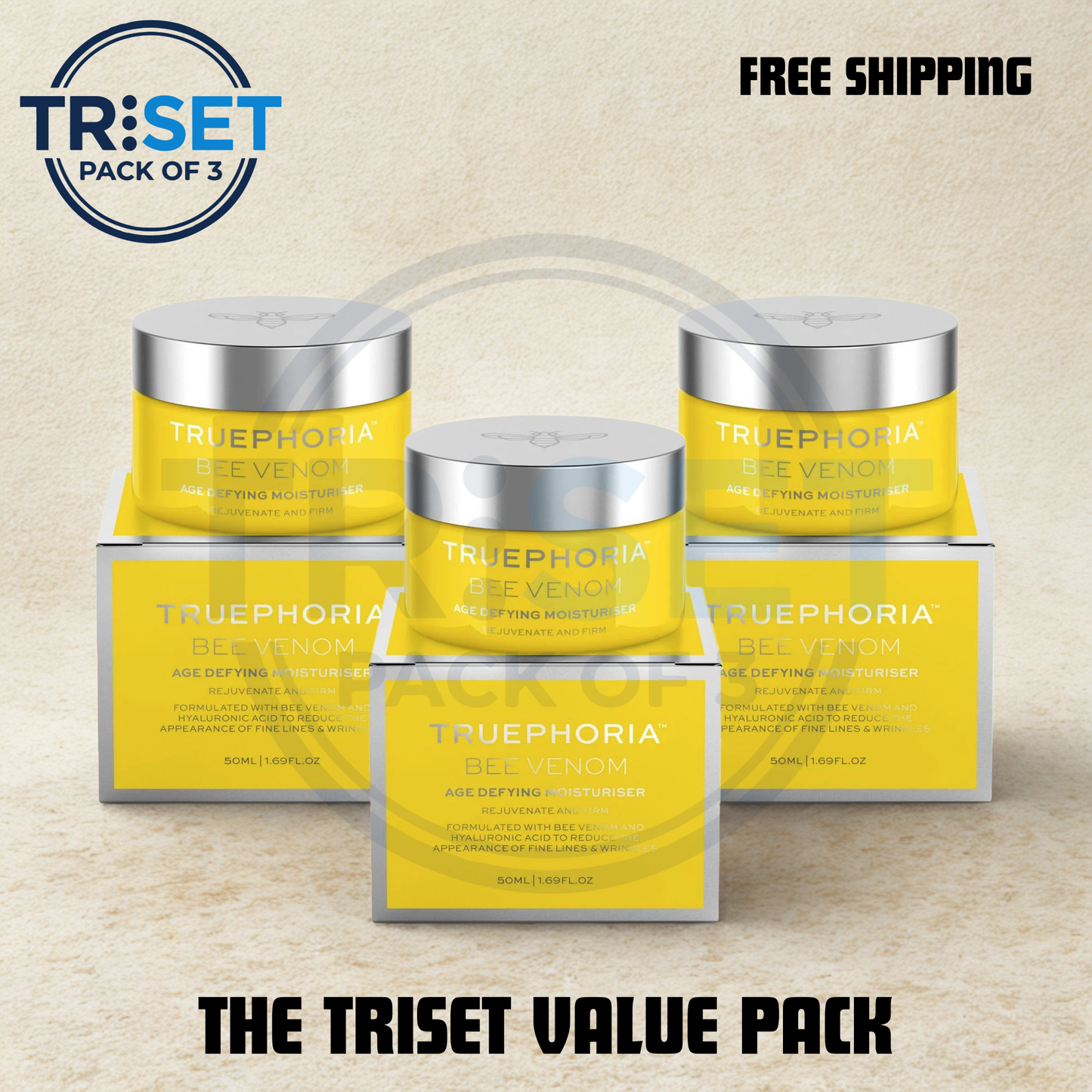 Truephoria Bee Venom skincare set with yellow jars and silver lids on a beige background, featuring the TriSet logo and free shipping text.