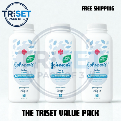 Johnsons Baby Powder Pack of 3 Talcum Powder 200g Talc-Free 99% Natural Gentle