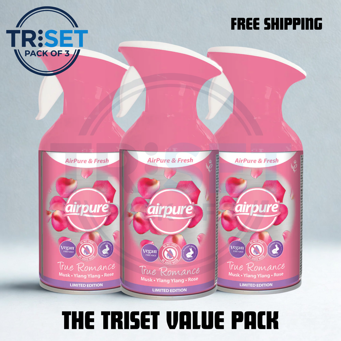 Three pink 'airpure' air freshener bottles with 'TRISET' branding and free shipping offer on a gray background.