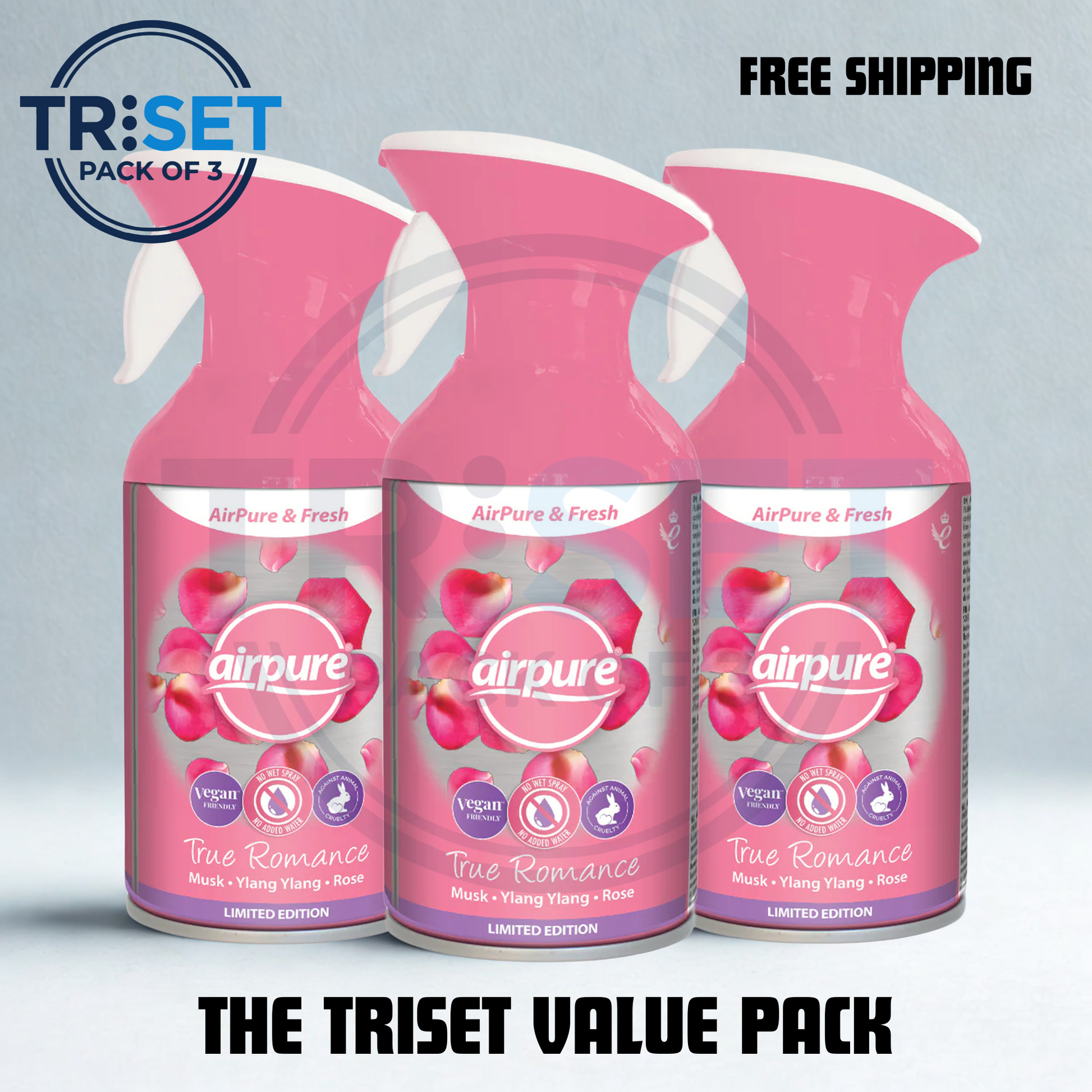 Three pink 'airpure' air freshener bottles with 'TRISET' branding and free shipping offer on a gray background.