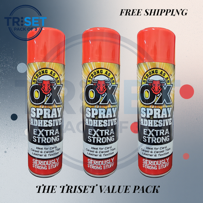 Spray Adhesive OX Pack of 3 Heavy Duty Glue Extra Strong Carpet Fabric 500ml