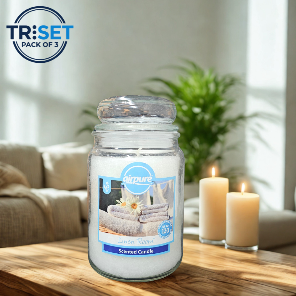 Airpure Linen Room Scented Candle 510g Jar 120hr Burn Pack of 3 TRISET Gift Decor