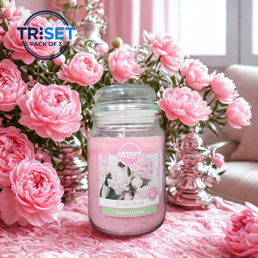 Airpure Blush Peony Scented Candle 510g Jar 120hr Burn Pack of 3 TRISET Gift Decor