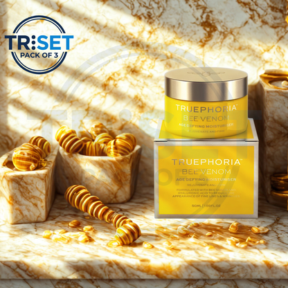 TRUEPHORIA Bee Venom product packaging on a marble surface with TRiSET branding.