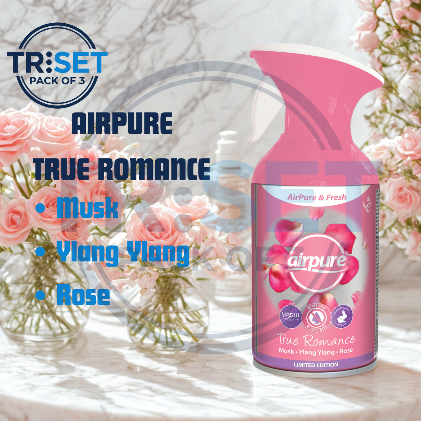 Airpure True Romance air freshener with flowers in the background