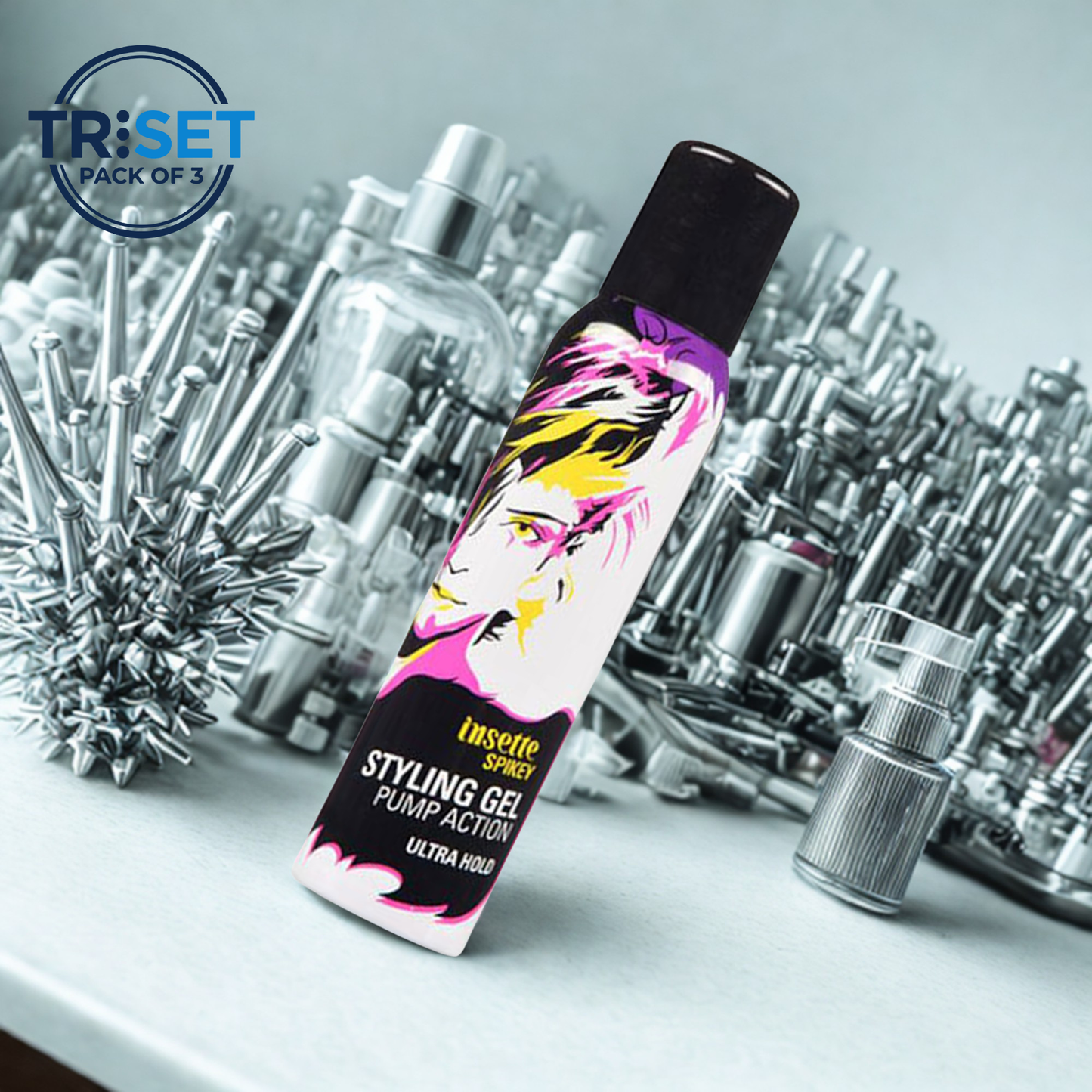 Insette Spikey Styling Gel 150ml Pack of 3 Triset Pump Action Ultra Strong Hold