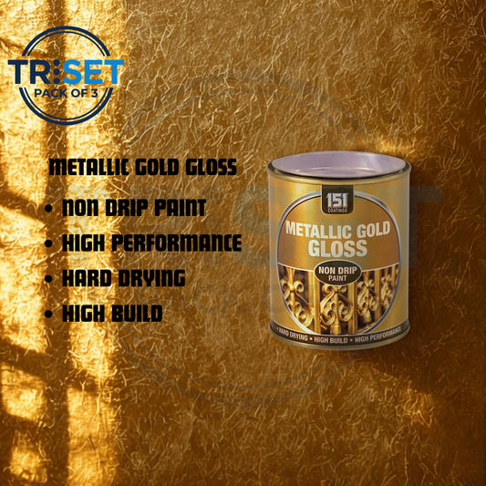 Metallic Gold Paint 151 Pack of 3 Non Drip Gloss For Wood Walls 300ml