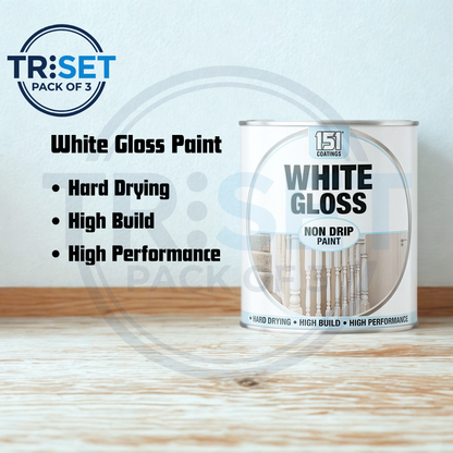 White Gloss Wood Paint 151 Pack of 3 Non Drip Tin Indoor Outdoor 300ml