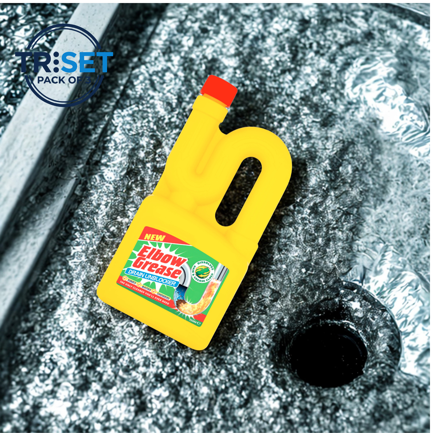 Elbow Grease Drain Unblocker 750ml Pack of 3 Heavy Duty Liquid Fast Acting
