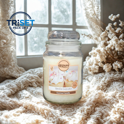 Airpure Vanilla Cupcake Scented Candle 510g Jar 120hr Burn Pack of 3 by TRISET