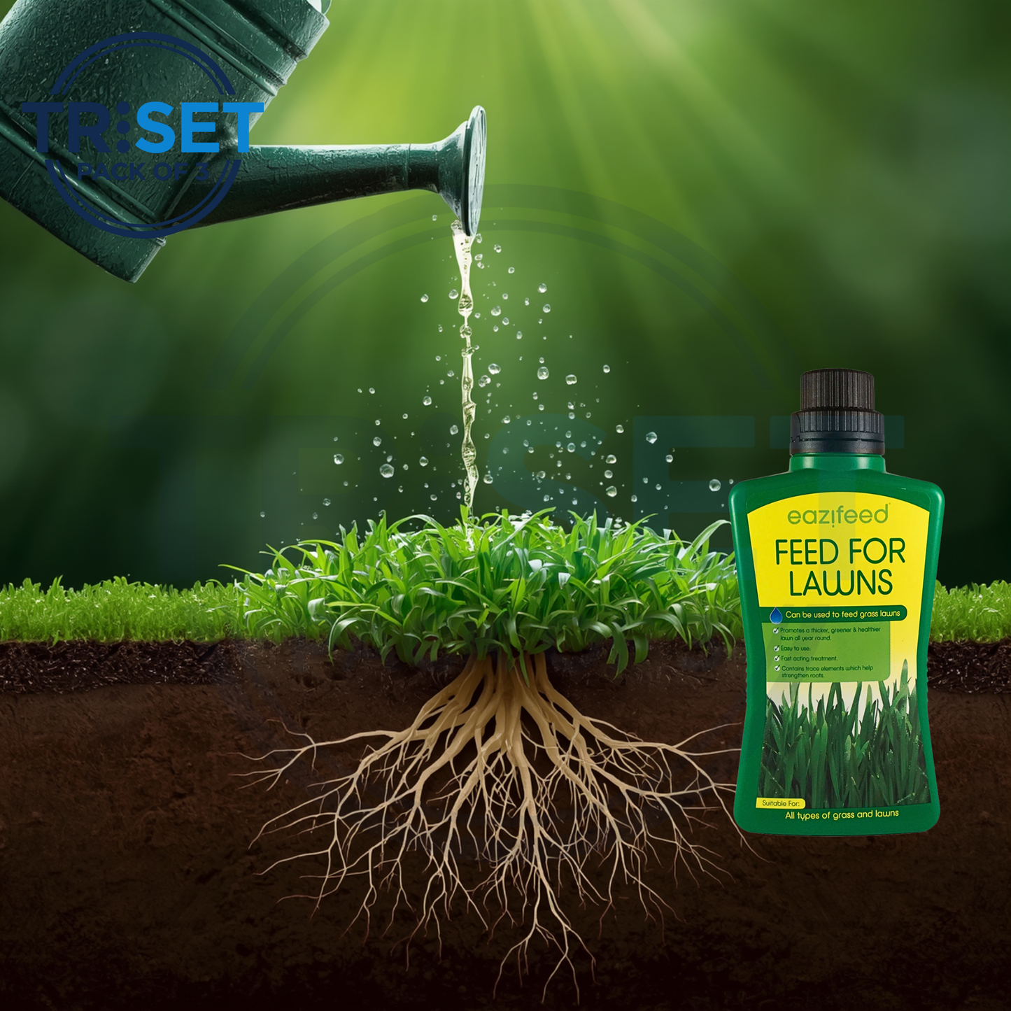 Green bottle of 'Feed for Lawns' fertilizer with roots and watering action on a green background