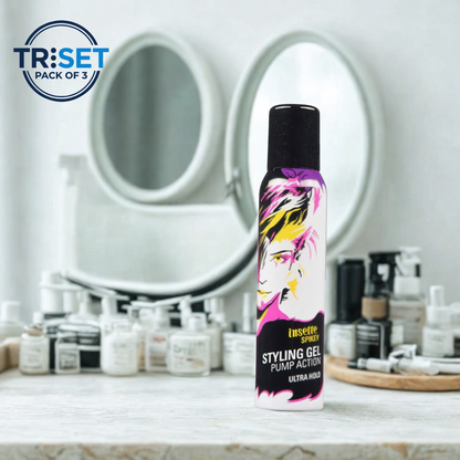 Insette Spikey Styling Gel 150ml Pack of 3 Triset Pump Action Ultra Strong Hold