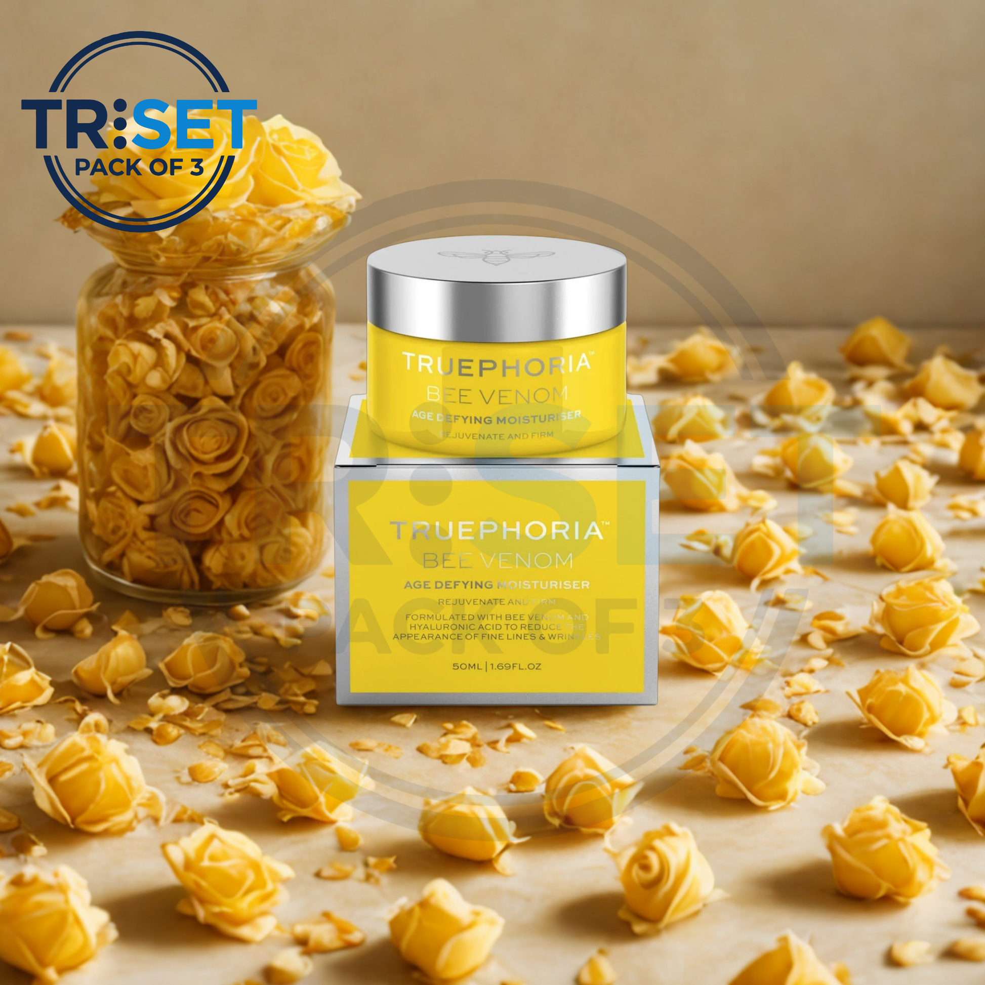 Truephoria skincare product set with jars and packaging on a beige background with yellow flowers.