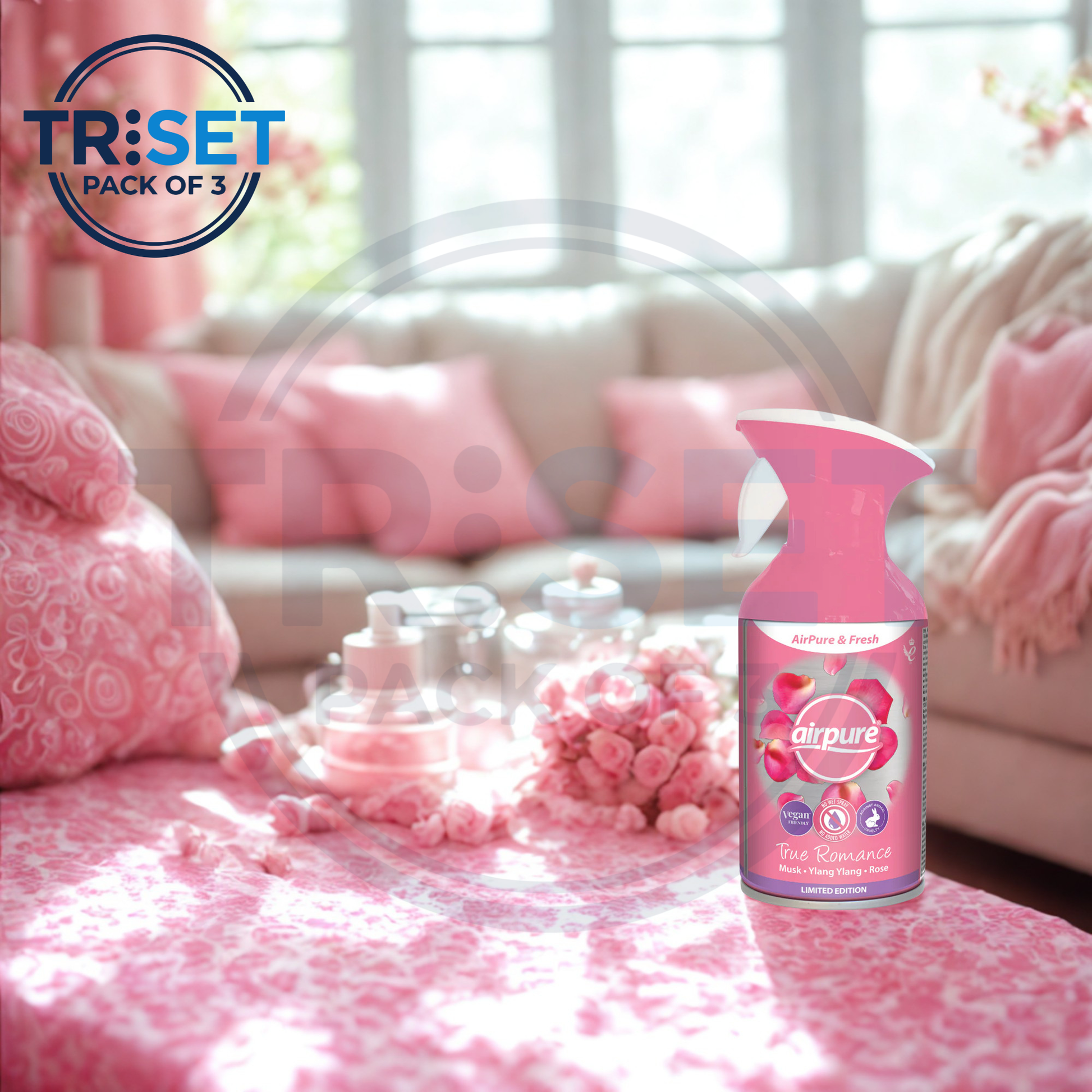 TRISET air freshener spray on a pink surface with a living room background