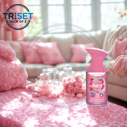 TRISET air freshener spray on a pink surface with a living room background