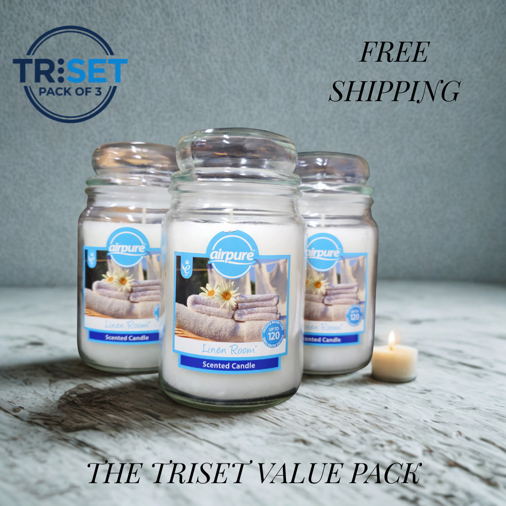 Airpure Linen Room Scented Candle 510g Jar 120hr Burn Pack of 3 TRISET Gift Decor