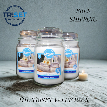 Airpure Linen Room Scented Candle 510g Jar 120hr Burn Pack of 3 TRISET Gift Decor