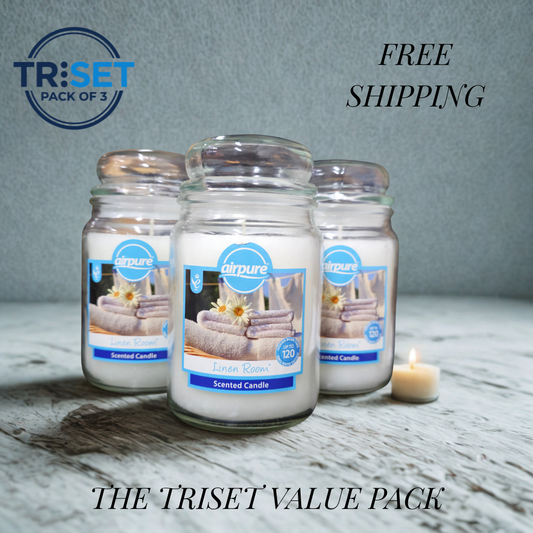 Airpure Linen Room Scented Candle 510g Jar 120hr Burn Pack of 3 TRISET Gift Decor