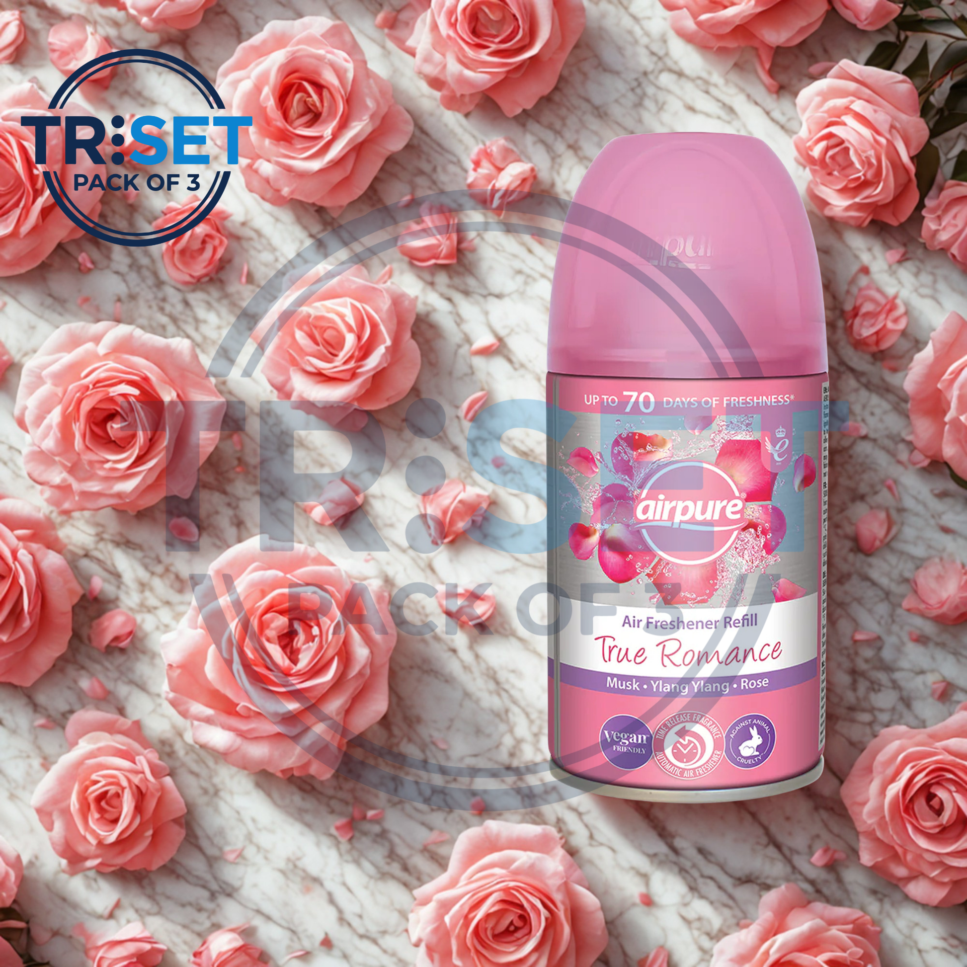 Air freshener bottle with pink roses on a textured background, featuring the TriSet brand.