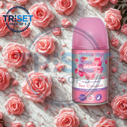 Air freshener bottle with pink roses on a textured background, featuring the TriSet brand.
