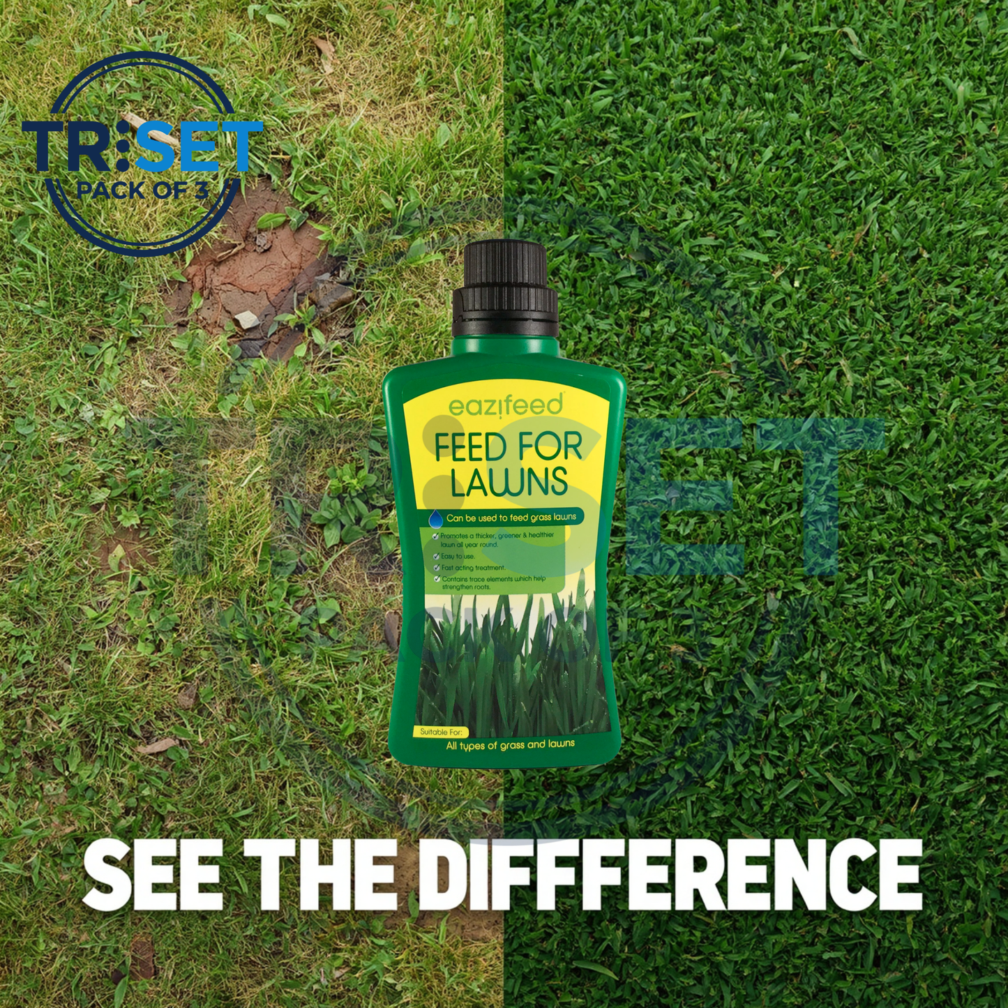 Bottle of eazifeed Feed for Lawns on grass with Triset branding.
