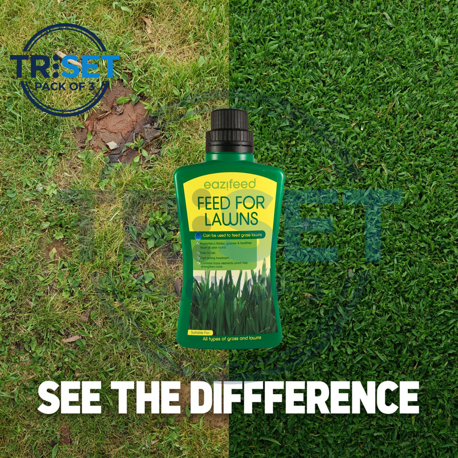 Bottle of eazifeed Feed for Lawns on grass with Triset branding.
