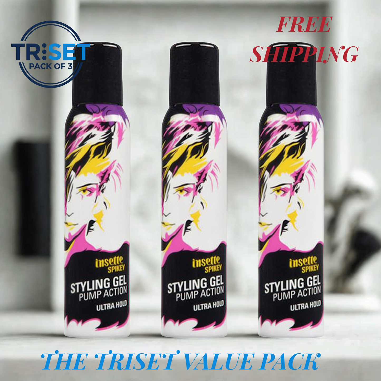 Insette Spikey Styling Gel 150ml Pack of 3 Triset Pump Action Ultra Strong Hold