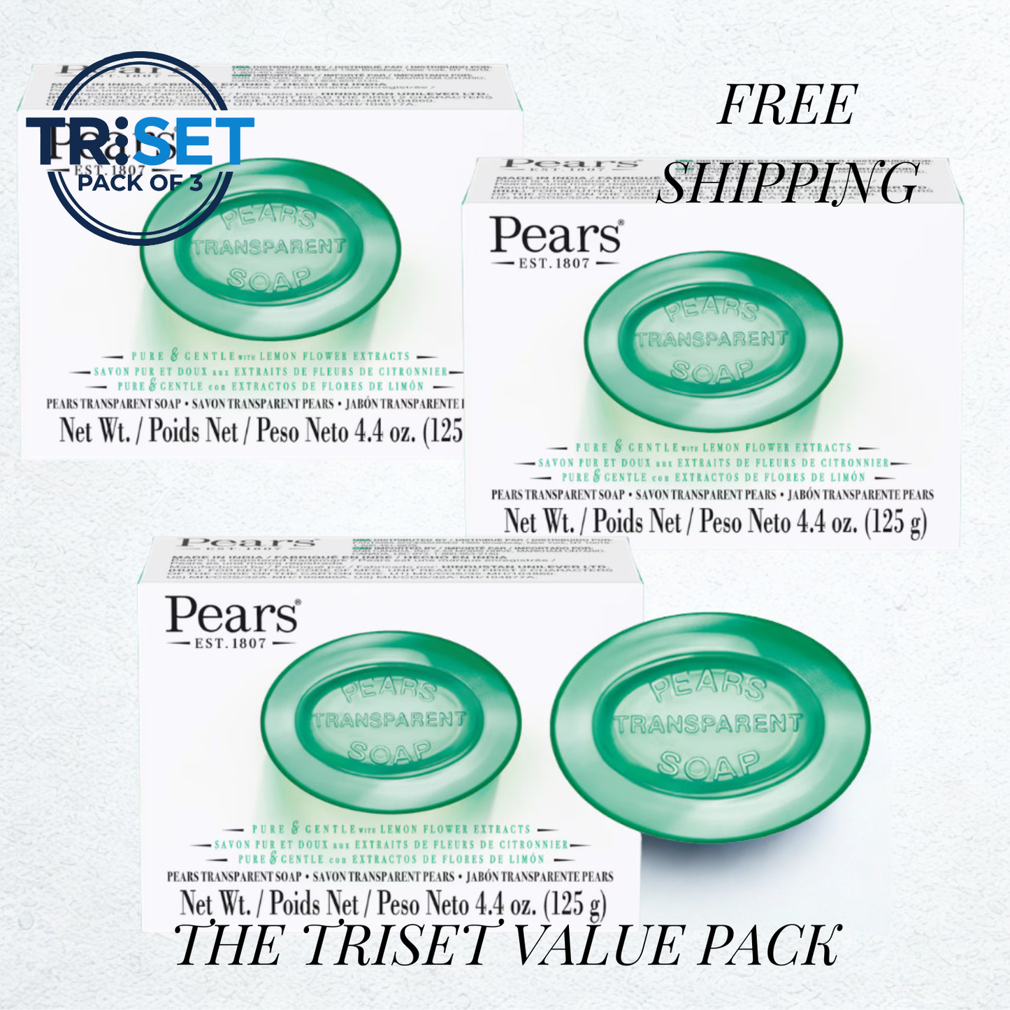 Pears Transparent Green Soap 3x125g Lemon Flower Extracts Oil Glow & Refreshing