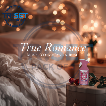 Room with romantic ambiance, bed, and 'True Romance' product with TRiSET logo.