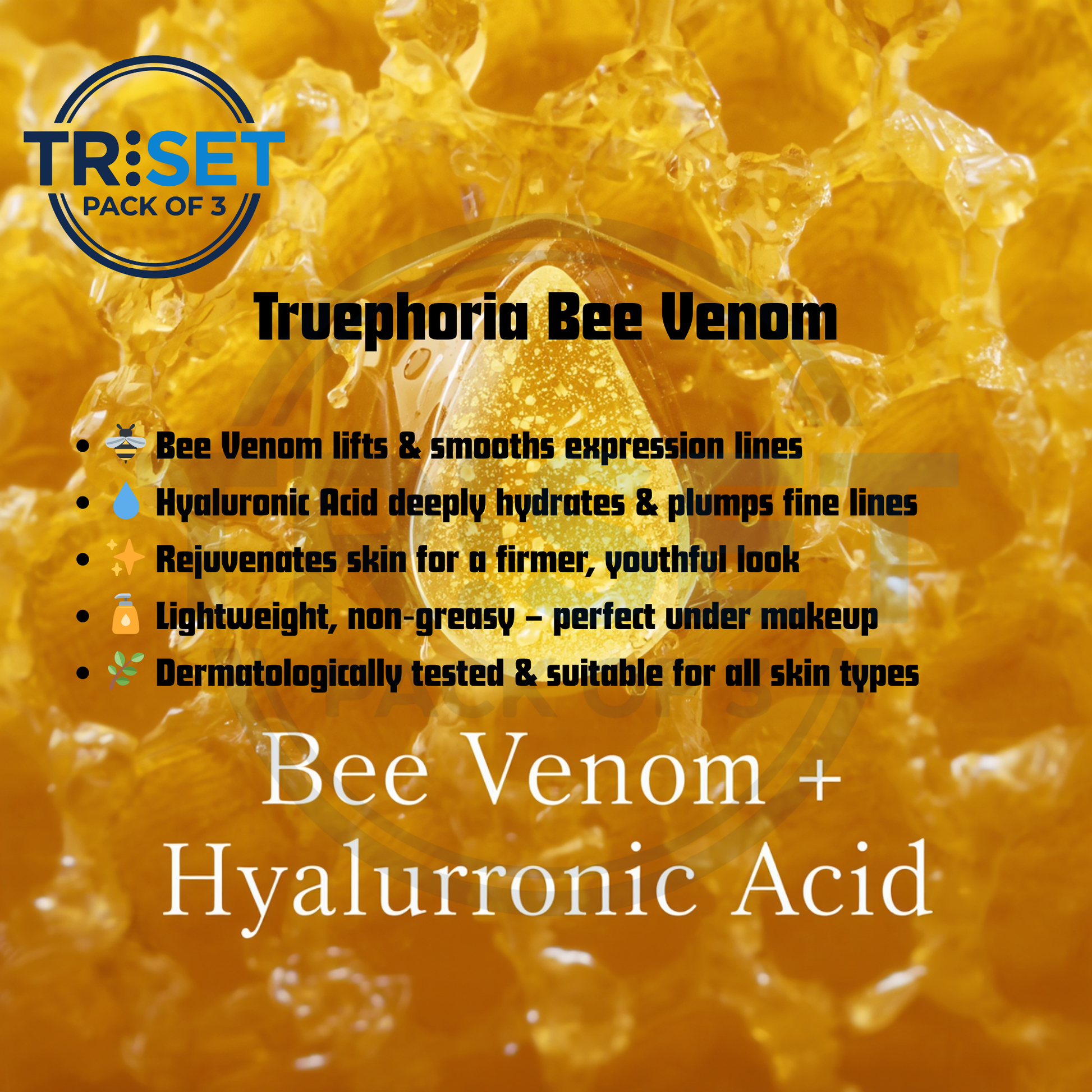Advertisement for Truephoria Bee Venom with TRiSET branding and product details.
